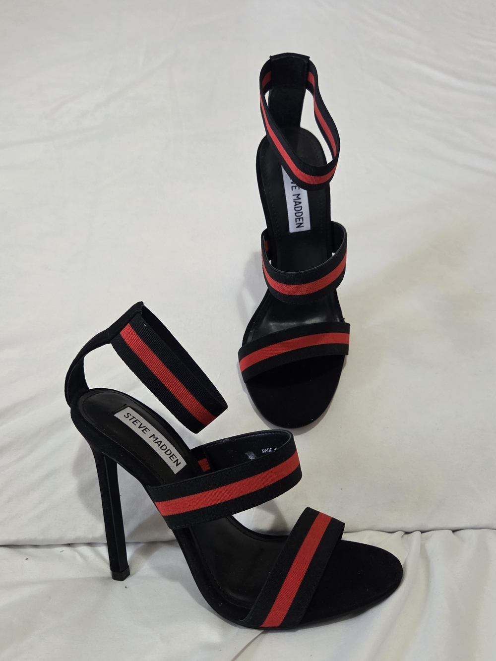 Steve Madden Black Heeled Sandals with Red Striped Bands